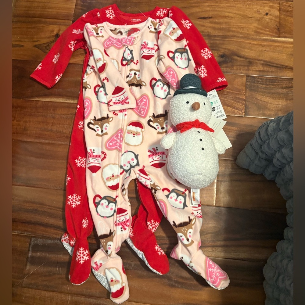 Baby Christmas Outfit Set 18M Carter’s Fleece Sleeper‎ + Snowman Plush NWT k1